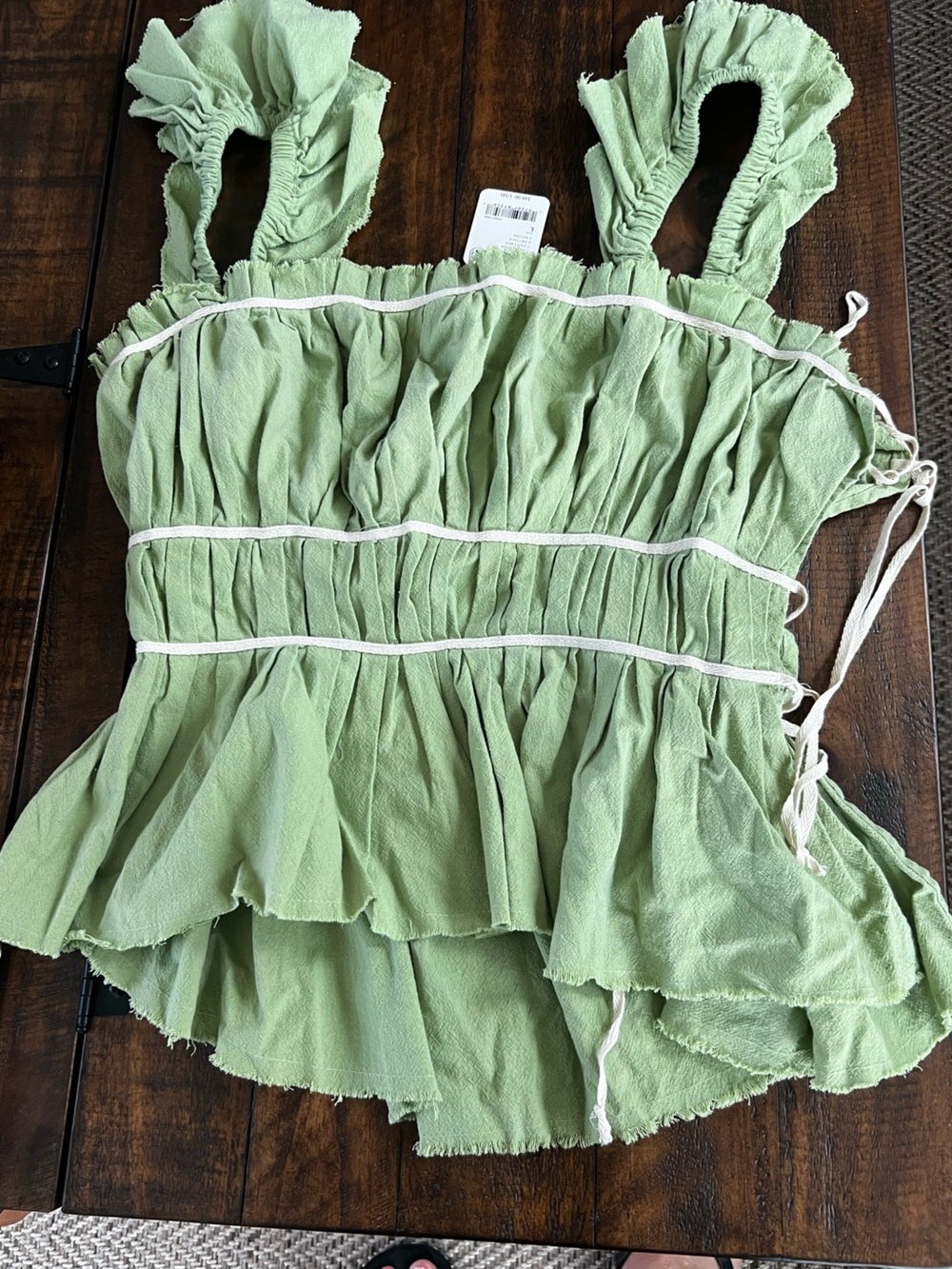 Free People Sage Green Smocked Ruffle Tank